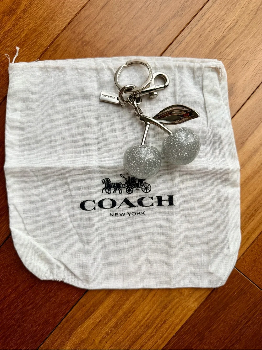 Coach Glitter Cherry Keychain/Bag Charm Silver Sparkle with Dustbag